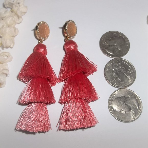 Sugarfix Tassel Earrings Set Statement Peach Coral Gold Rhinestone Drop A351 - Picture 3 of 7